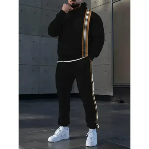 TOVPAO Men's printed spliced long sleeved hooded sweatshirt and pants two-piece casual street fashion jogging set - 4