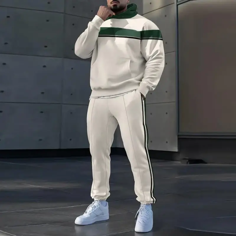 TOVPAO Men's printed spliced long sleeved hooded sweatshirt and pants two-piece casual street fashion jogging set - 2