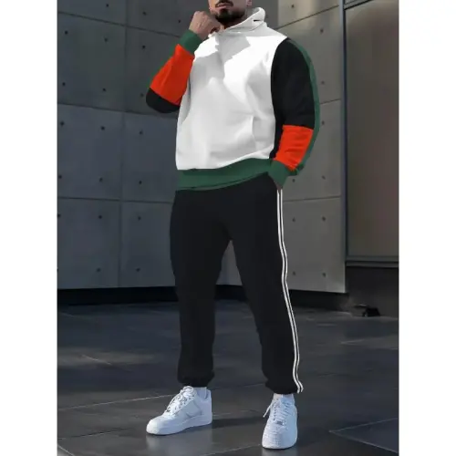 TOVPAO Men's printed spliced long sleeved hooded sweatshirt and pants two-piece casual street fashion jogging set - 2
