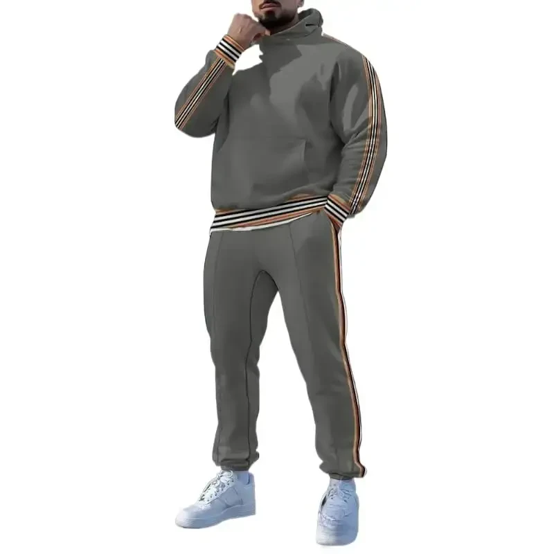 TOVPAO Men's printed spliced long sleeved hooded sweatshirt and pants two-piece casual street fashion jogging set - TOVPAO