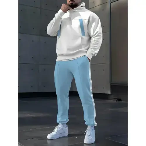 TOVPAO Men's printed spliced long sleeved hooded sweatshirt and pants two-piece casual street fashion jogging set - 3