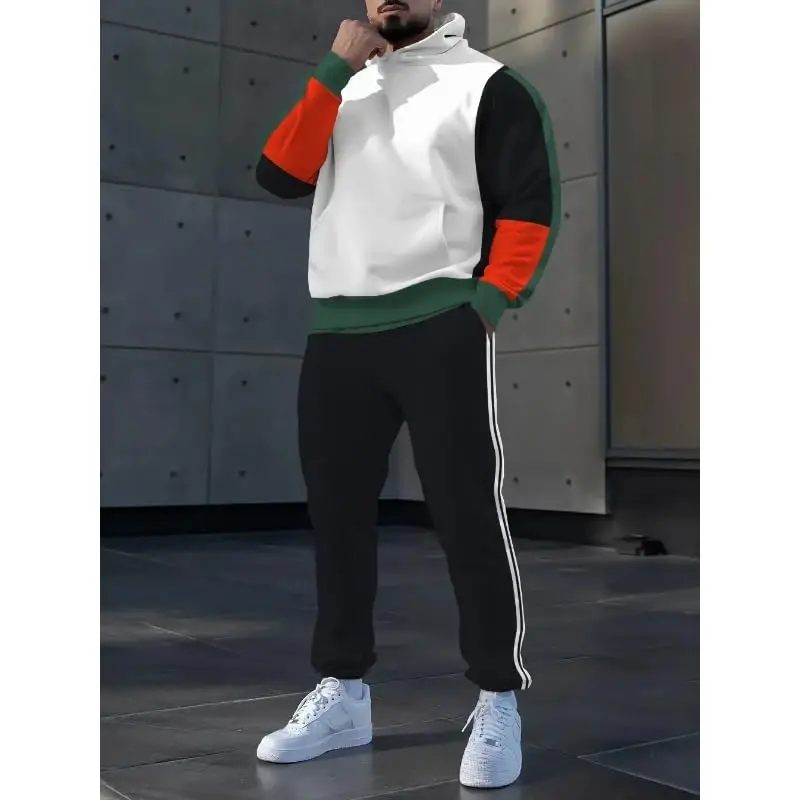 TOVPAO Men's printed spliced long sleeved hooded sweatshirt and pants two-piece casual street fashion jogging set - 2