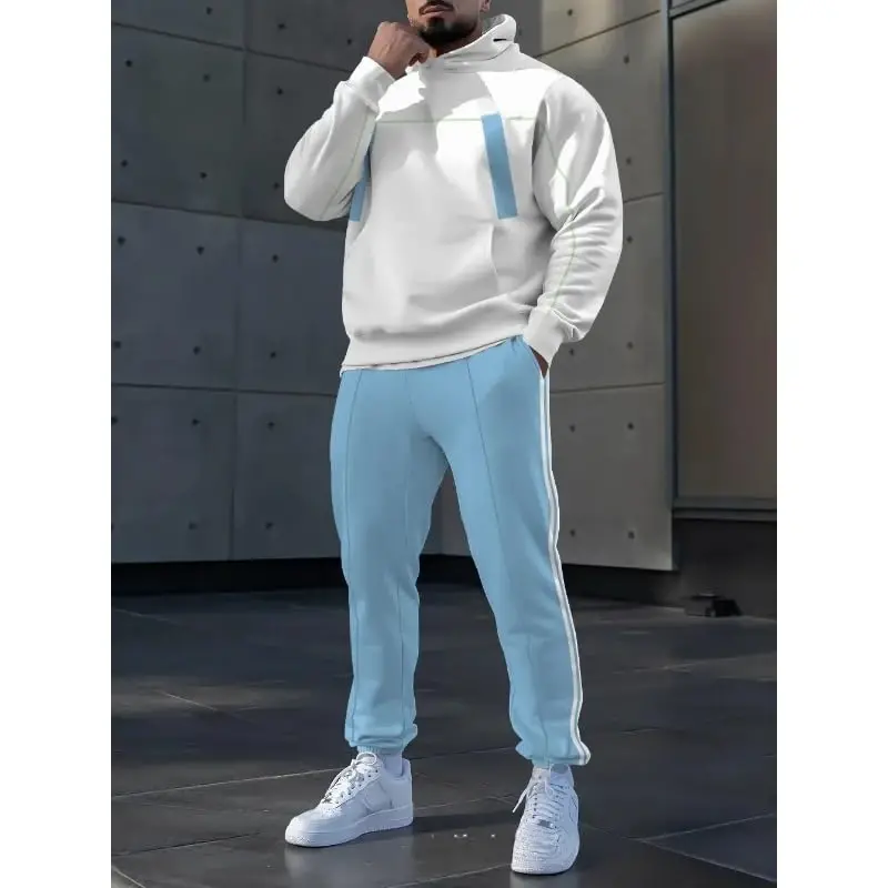 TOVPAO Men's printed spliced long sleeved hooded sweatshirt and pants two-piece casual street fashion jogging set - 3