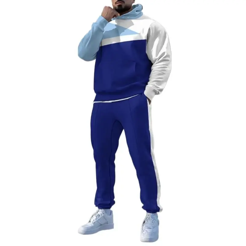 TOVPAO Men's printed spliced long sleeved hooded sweatshirt and pants two-piece casual street fashion jogging set - TOVPAO