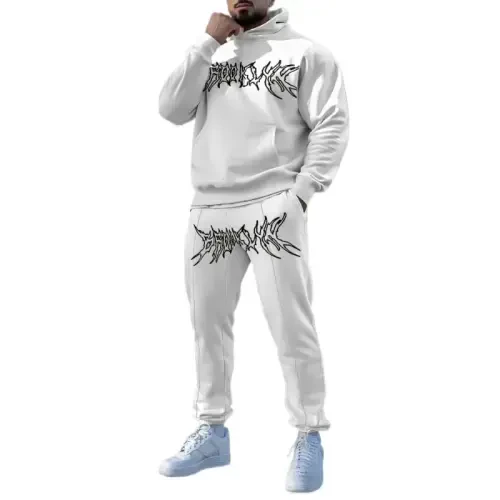 TOVPAO Men's printed spliced long sleeved hooded sweatshirt and pants two-piece casual street fashion jogging set 