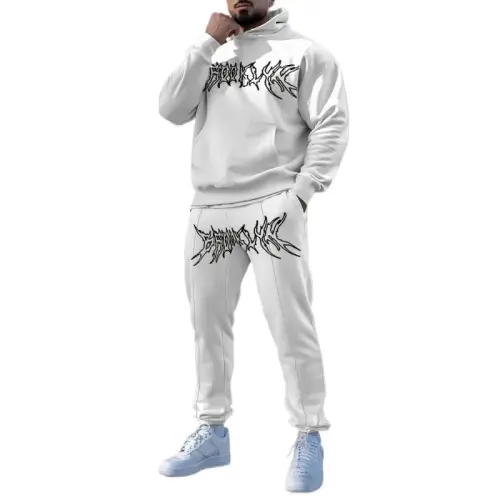 TOVPAO Men's printed spliced long sleeved hooded sweatshirt and pants two-piece casual street fashion jogging set 