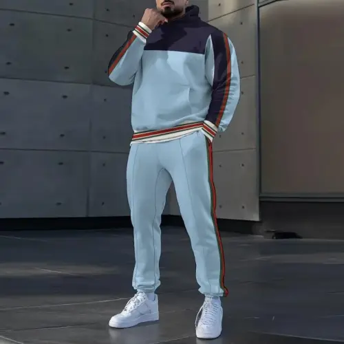 TOVPAO Men's printed spliced long sleeved hooded sweatshirt and pants two-piece casual street fashion jogging set - 4