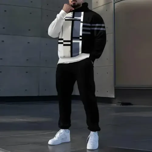 TOVPAO Men's printed spliced long sleeved hooded sweatshirt and pants two-piece casual street fashion jogging set - 4