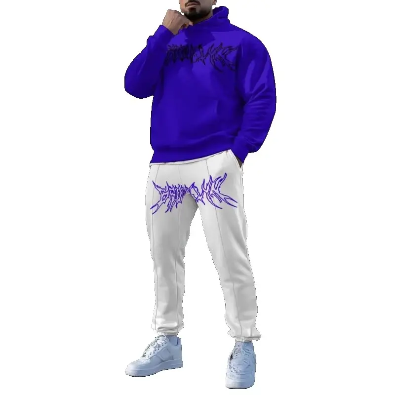 TOVPAO Men's printed spliced long sleeved hooded sweatshirt and pants two-piece casual street fashion jogging set - TOVPAO