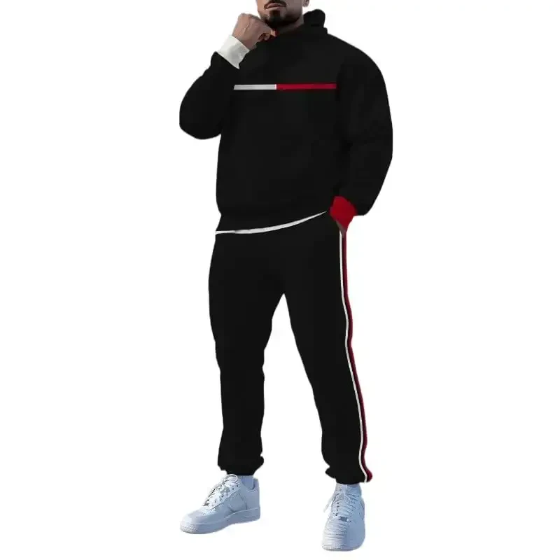 TOVPAO Men's printed spliced long sleeved hooded sweatshirt and pants two-piece casual street fashion jogging set - TOVPAO