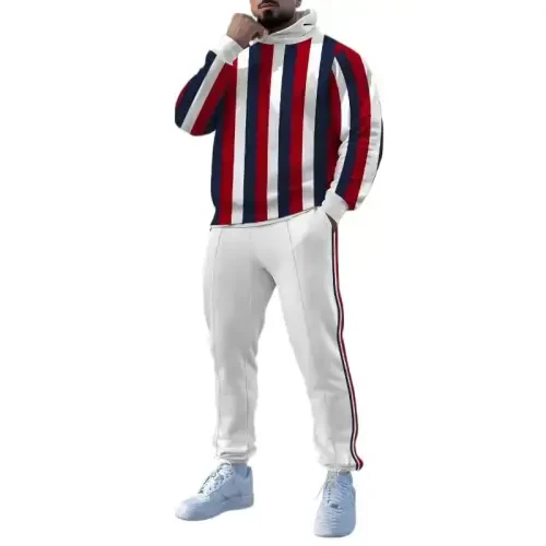 TOVPAO Men's printed spliced long sleeved hooded sweatshirt and pants two-piece casual street fashion jogging set 