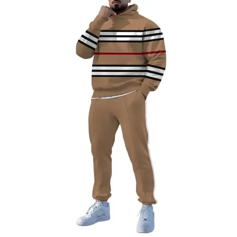 TOVPAO Men's printed spliced long sleeved hooded sweatshirt and pants two-piece casual street fashion jogging set - 1