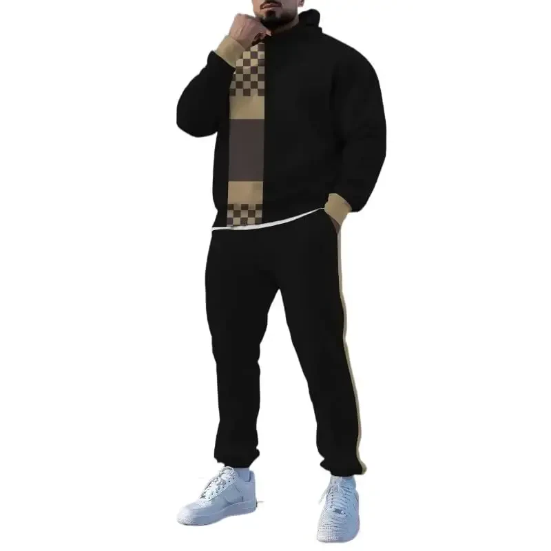 TOVPAO Men's printed spliced long sleeved hooded sweatshirt and pants two-piece casual street fashion jogging set - 1