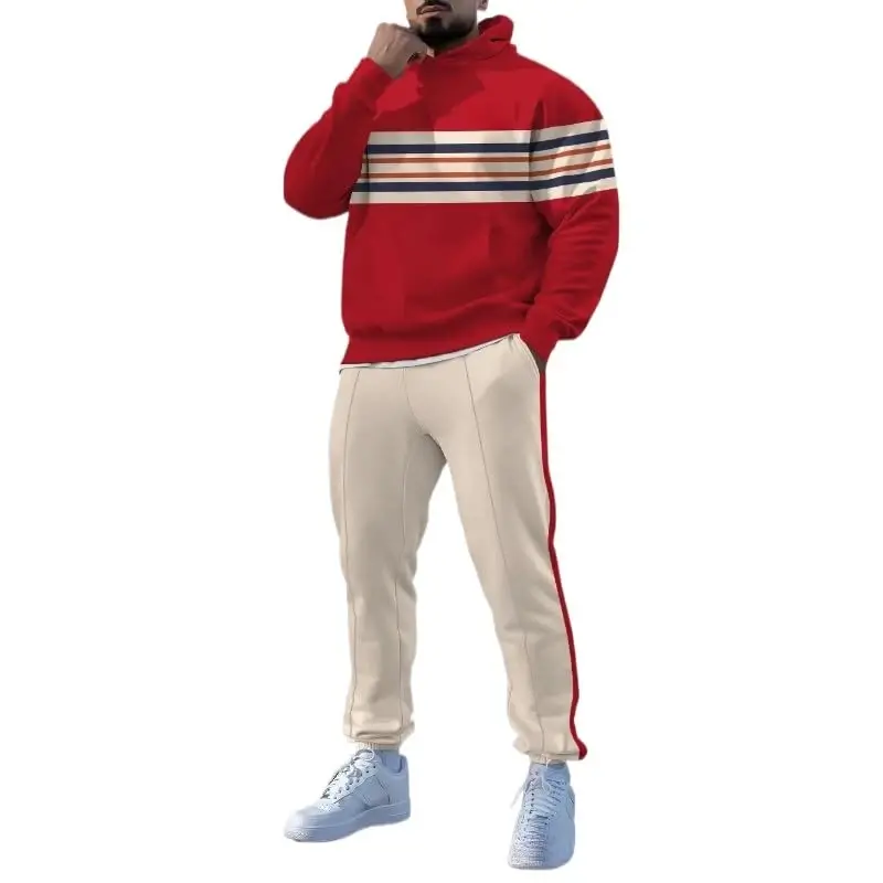 TOVPAO Men's printed spliced long sleeved hooded sweatshirt and pants two-piece casual street fashion jogging set - TOVPAO