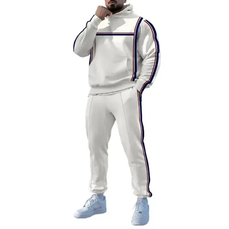 TOVPAO Men's printed spliced long sleeved hooded sweatshirt and pants two-piece casual street fashion jogging set - 1