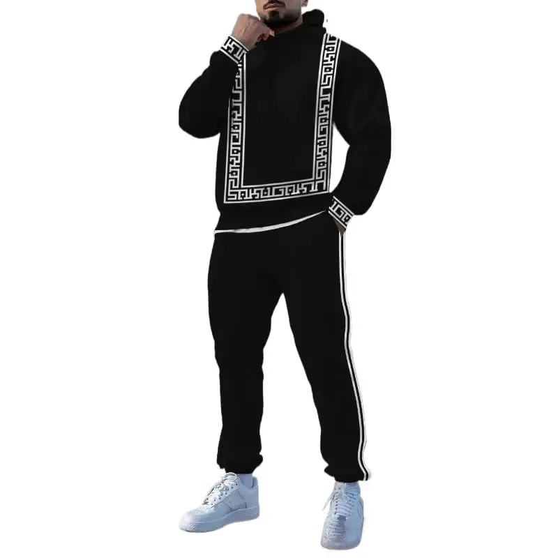 TOVPAO Men's printed spliced long sleeved hooded sweatshirt and pants two-piece casual street fashion jogging set - TOVPAO