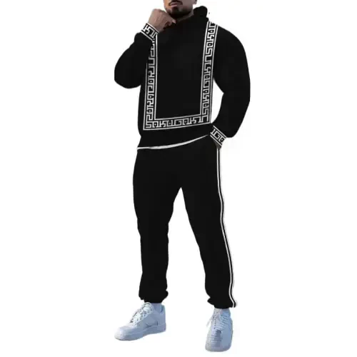 TOVPAO Men's printed spliced long sleeved hooded sweatshirt and pants two-piece casual street fashion jogging set 