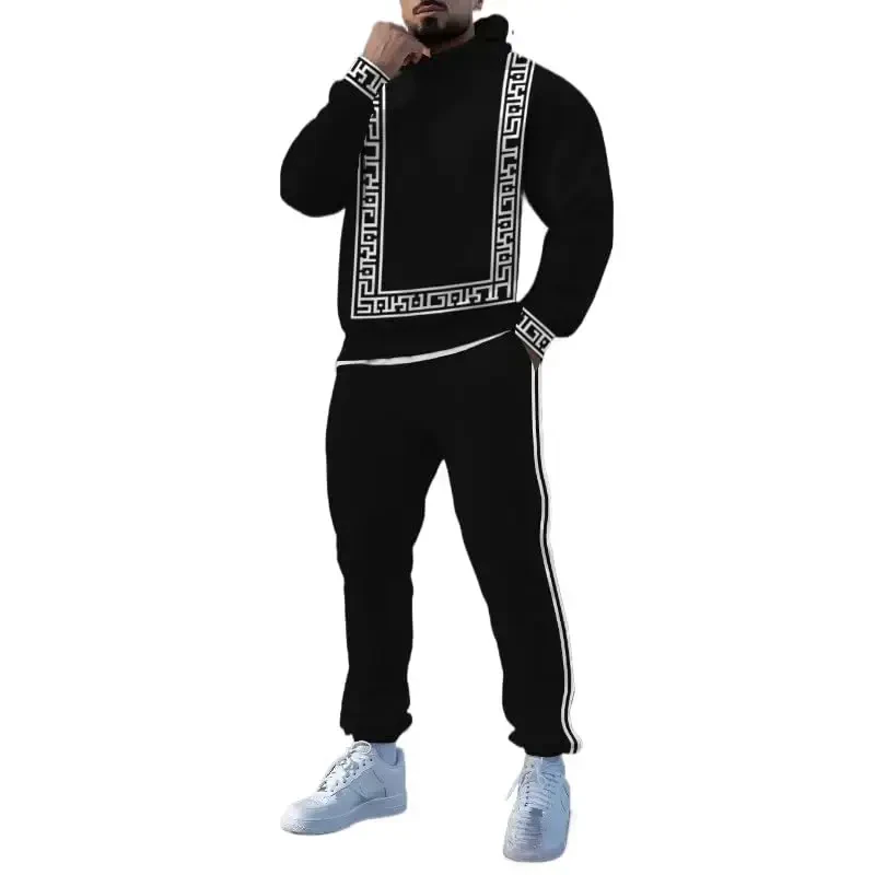 TOVPAO Men's printed spliced long sleeved hooded sweatshirt and pants two-piece casual street fashion jogging set - 1