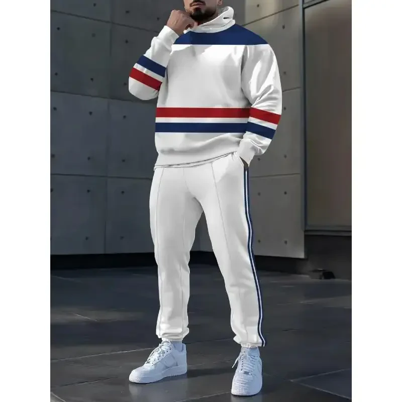 TOVPAO Men's printed spliced long sleeved hooded sweatshirt and pants two-piece casual street fashion jogging set - 2