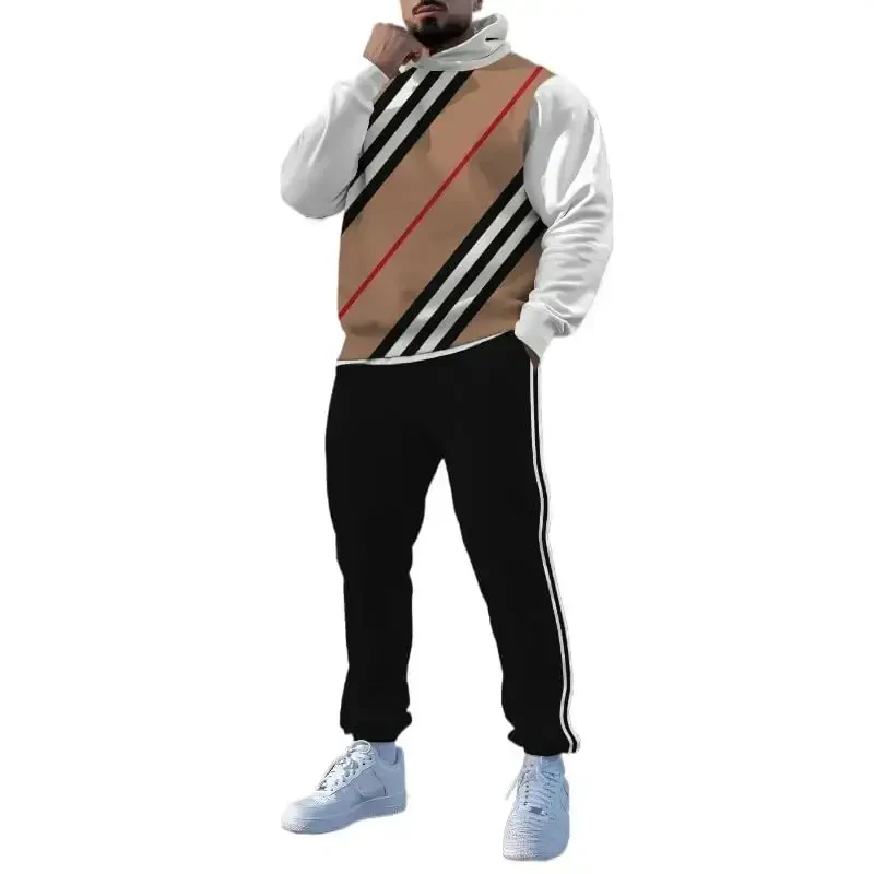 TOVPAO Men's printed spliced long sleeved hooded sweatshirt and pants two-piece casual street fashion jogging set - 1