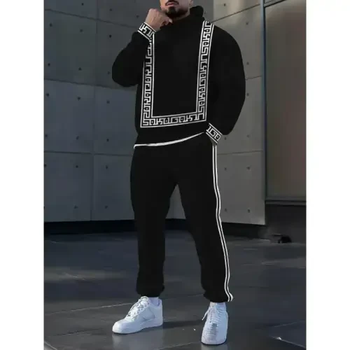 TOVPAO Men's printed spliced long sleeved hooded sweatshirt and pants two-piece casual street fashion jogging set - 2