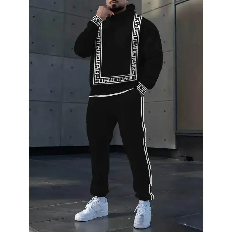 TOVPAO Men's printed spliced long sleeved hooded sweatshirt and pants two-piece casual street fashion jogging set - 2