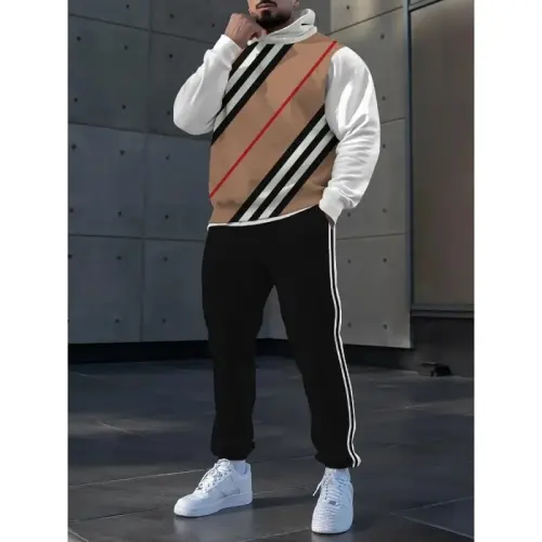 TOVPAO Men's printed spliced long sleeved hooded sweatshirt and pants two-piece casual street fashion jogging set - 3