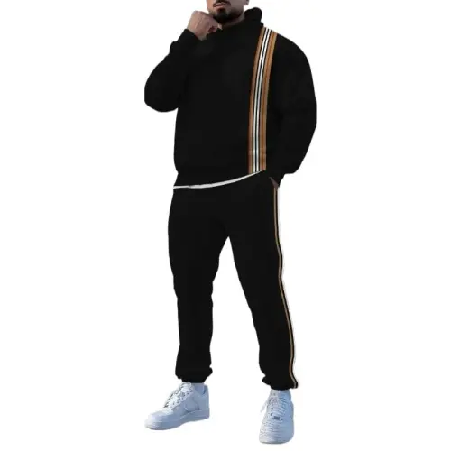 TOVPAO Men's printed spliced long sleeved hooded sweatshirt and pants two-piece casual street fashion jogging set 