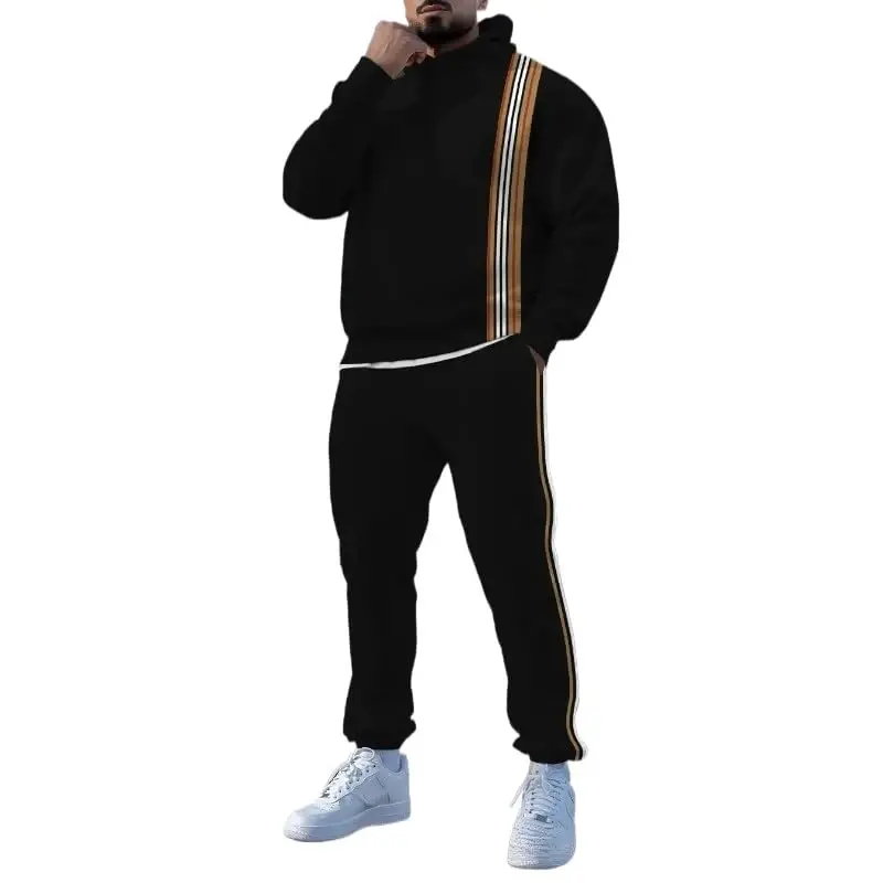 TOVPAO Men's printed spliced long sleeved hooded sweatshirt and pants two-piece casual street fashion jogging set - TOVPAO
