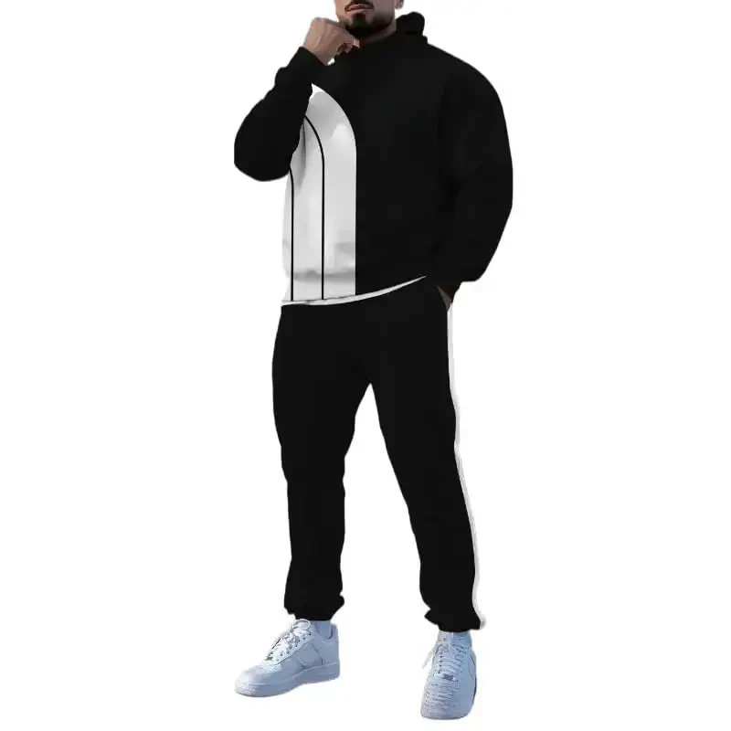 TOVPAO Men's printed spliced long sleeved hooded sweatshirt and pants two-piece casual street fashion jogging set - TOVPAO