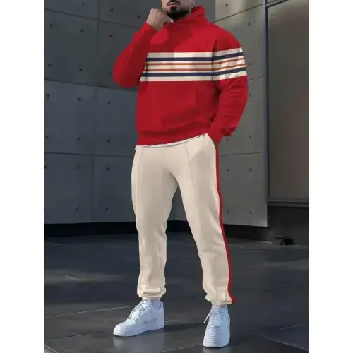 TOVPAO Men's printed spliced long sleeved hooded sweatshirt and pants two-piece casual street fashion jogging set - 3