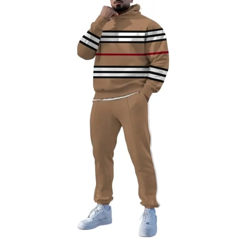 TOVPAO Men's printed spliced long sleeved hooded sweatshirt and pants two-piece casual street fashion jogging set - TOVPAO