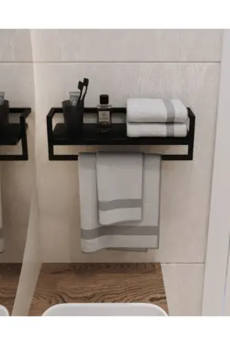 Towel Rack Black Wall Mounted Shelf Accessory Holder Scarf Hanger Bathroom Kitchen Organizer Multipurpose Shelf - Black - 1