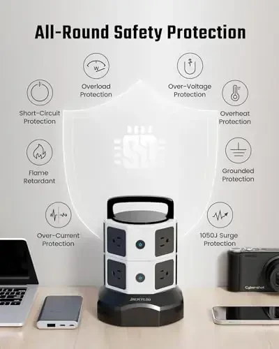 Tower Surge Protector Power Strip, JACKYLED Extension Cord with Multiple Outlets, 8 Outlets 4 USB Ports(2 USB C) 1625W/13A Retractable Cord Charging Station with 1050J Protection, Home Office Supplies - 6