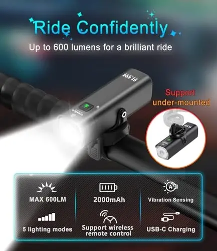 TOWILD Bike Lights for Night Riding,Compatible with Garmin/GoPro Mount,600 Lumen Bike Headlight,2000mAh Rechargeable Battery,Waterproof Bike Front Light for Commuter Cyclists-Fits All Bikes 