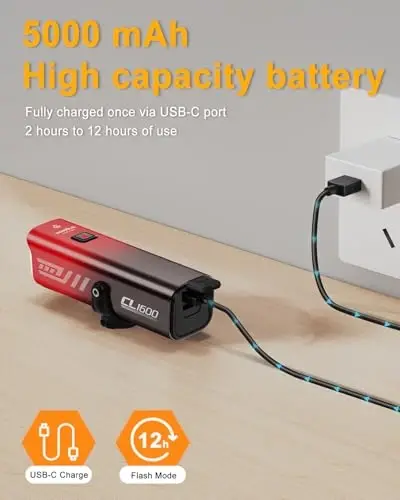 TOWILD Bike Lights for Night Riding,Compatible with Garmin/GoPro Mount,600 Lumen Bike Headlight,2000mAh Rechargeable Battery,Waterproof Bike Front Light for Commuter Cyclists-Fits All Bikes - 6