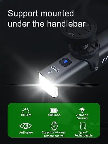 TOWILD Bike Lights for Night Riding,Compatible with Garmin/GoPro Mount,600 Lumen Bike Headlight,2000mAh Rechargeable Battery,Waterproof Bike Front Light for Commuter Cyclists-Fits All Bikes - 4