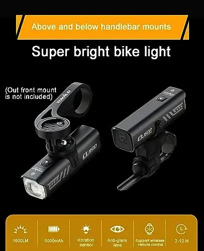TOWILD Kechki paytlarda haydash uchun velosiped chiroqlari, Garmin/GoPro o'rnatish bilan mos, 600 Lumenli velosiped faralari, 2000mAh qayta zaryadlanuvchi batareya, Commuter velosipedchilari uchun suv o'tkazmaydigan velosiped old chiroqlari-Barcha velosipedlarga mos keladi - 5