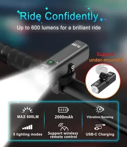 TOWILD Kechki Ride uchun velosiped chiroqlari, Garmin/GoPro o'rnatish moslamasi bilan mos, 600 Lumenli velosiped faralari, 2000mAh qayta zaryadlanuvchi batareya, qatnovchi velosipedchilar uchun suv o'tkazmaydigan velosiped old chiroqlari - barcha velosipedlarga mos - 2