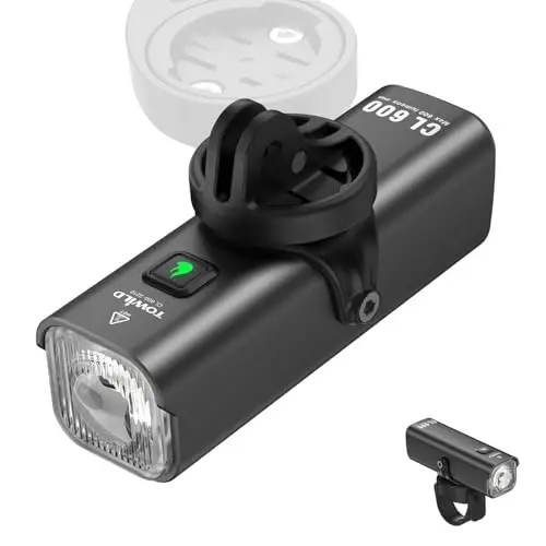 TOWILD Kechki Ride uchun velosiped chiroqlari, Garmin/GoPro o'rnatish moslamasi bilan mos, 600 Lumenli velosiped faralari, 2000mAh qayta zaryadlanuvchi batareya, qatnovchi velosipedchilar uchun suv o'tkazmaydigan velosiped old chiroqlari - barcha velosipedlarga mos - 5