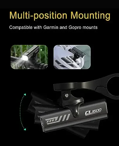 TOWILD tungi sayohat uchun velosiped chiroqlari, Garmin/GoPro o'rnatish moslamasi bilan mos, 600 Lumenli velosiped farasi, 2000mAh qayta zaryadlanuvchi batareya, ishga qatnaydigan velosipedchilar uchun suv o'tkazmaydigan velosiped old chirog'i-Barcha velosipedlarga mos keladi - 5