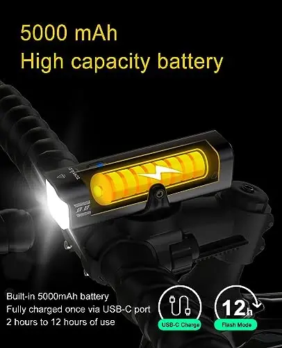 TOWILD tungi sayohat uchun velosiped chiroqlari, Garmin/GoPro o'rnatish moslamasi bilan mos, 600 Lumenli velosiped farasi, 2000mAh qayta zaryadlanuvchi batareya, ishga qatnaydigan velosipedchilar uchun suv o'tkazmaydigan velosiped old chirog'i-Barcha velosipedlarga mos keladi - 1