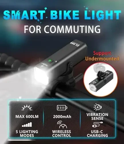 TOWILD tungi sayr uchun velosiped chiroqlari, Garmin/GoPro o'rnatish moslamasi bilan mos, 600 Lumenli velosiped faralari, 2000mAh qayta zaryadlanuvchi batareya, qatnovchi velosipedchilar uchun suv o'tkazmaydigan velosiped old chiroqlari - barcha velosipedlarga mos keladi - 5