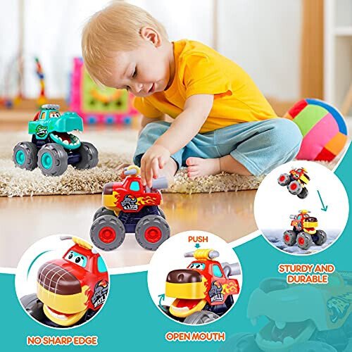 Toy Cars For 1 2 3 Year Old 3 Pack Monster truck Toy Push & Go Crocodile Friction Powered Bull Pull Back Leopard Car Big Wheel Animal Car Baby Toy Gift For 12 18 Month Boys Girls Toddlers - 6