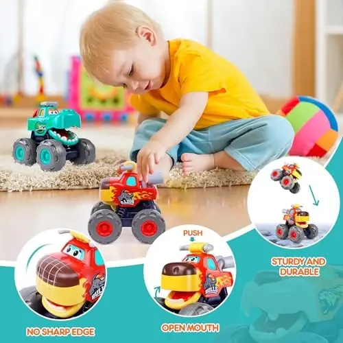 Toy Cars For 1 2 3 Year Old 3 Pack Monster truck Toy Push & Go Crocodile Friction Powered Bull Pull Back Leopard Car Big Wheel Animal Car Baby Toy Gift For 12 18 Month Boys Girls Toddlers - 4