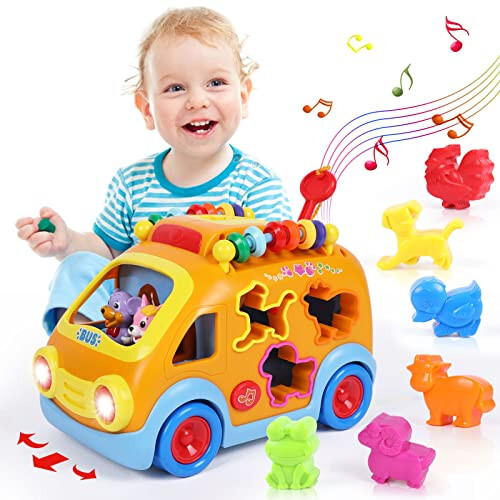 Toy Cars for 1 Year Old Boy Gifts Baby Toys 12-18 Months, Musical Learning Toys for Toddlers 1-3, Educational Baby Bus with Animal Blocks, Christmas Birthday Gift for 1 2 3 4 Year Old Boys Girls Kids - 13