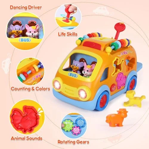 Toy Cars for 1 Year Old Boy Gifts Baby Toys 12-18 Months, Musical Learning Toys for Toddlers 1-3, Educational Baby Bus with Animal Blocks, Christmas Birthday Gift for 1 2 3 4 Year Old Boys Girls Kids - 10