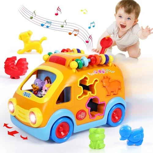 Toy Cars for 1 Year Old Boy Gifts Baby Toys 12-18 Months, Musical Learning Toys for Toddlers 1-3, Educational Baby Bus with Animal Blocks, Christmas Birthday Gift for 1 2 3 4 Year Old Boys Girls Kids - Toy
