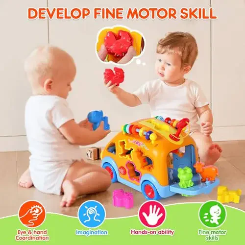 Toy Cars for 1 Year Old Boy Gifts Baby Toys 12-18 Months, Musical Learning Toys for Toddlers 1-3, Educational Baby Bus with Animal Blocks, Christmas Birthday Gift for 1 2 3 4 Year Old Boys Girls Kids - 5