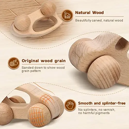 TOY Life Wooden Toys Cars, Montessori Toys for Babies 0-6-12 Months, Rattle Toy Cars for Toddlers 1-3, Christmas Wooden Baby Toys Gift 1 Year Old, Baby Boy Nursery Decor, 1 Year Old Boy Birthday Gift - 2